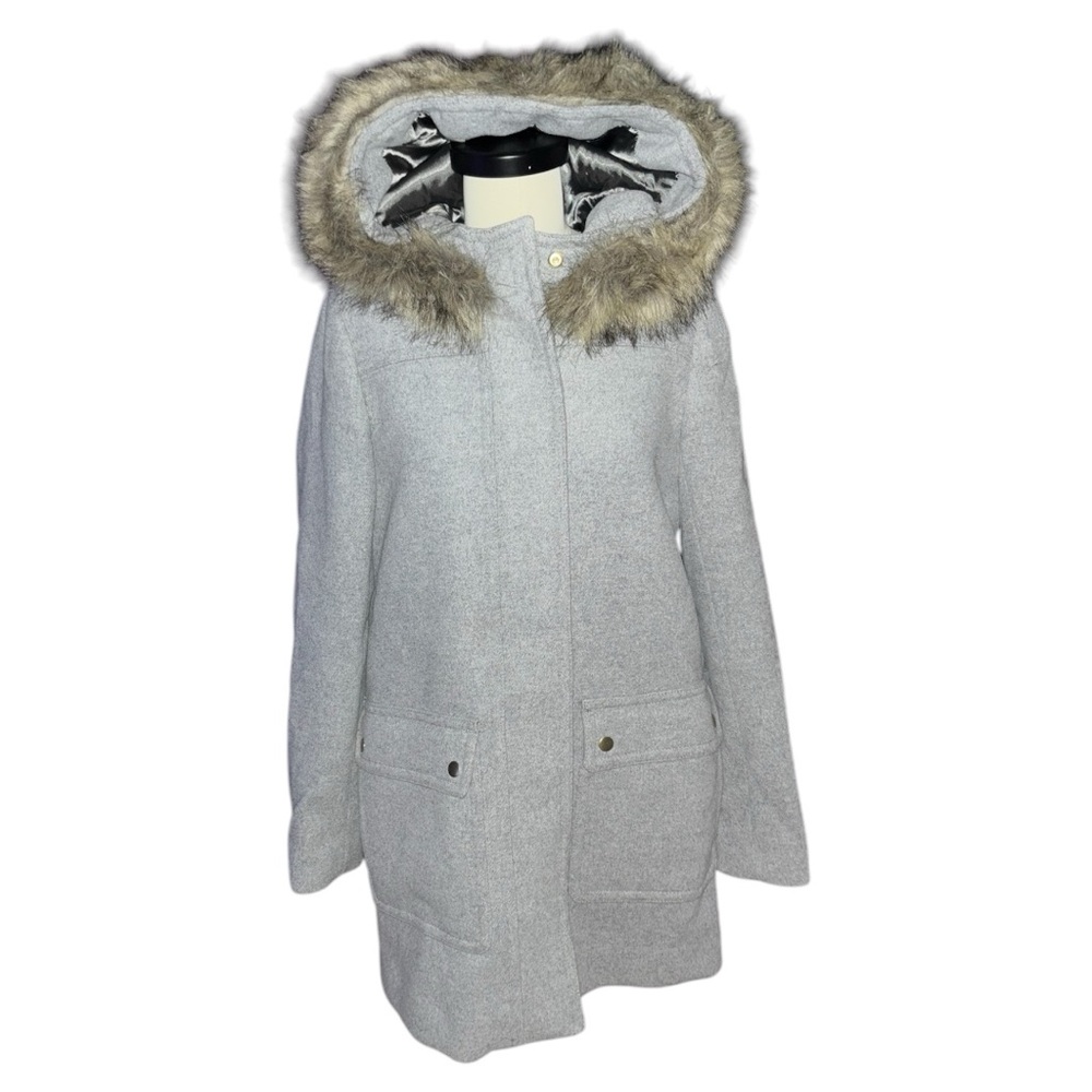 J. Crew Heather Gray Wool Blend Vail Parka Coat with Faux Fur Trimmed Hood
